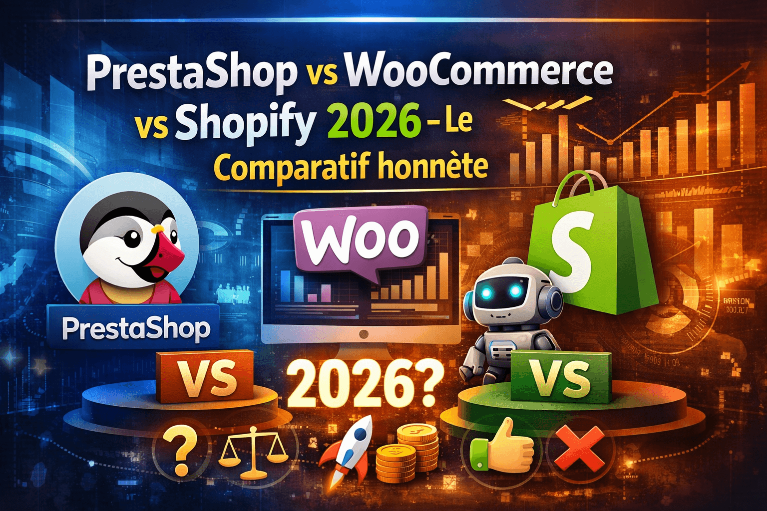 PrestaShop vs WooCommerce vs Shopify 2026 — Le comparatif honnête